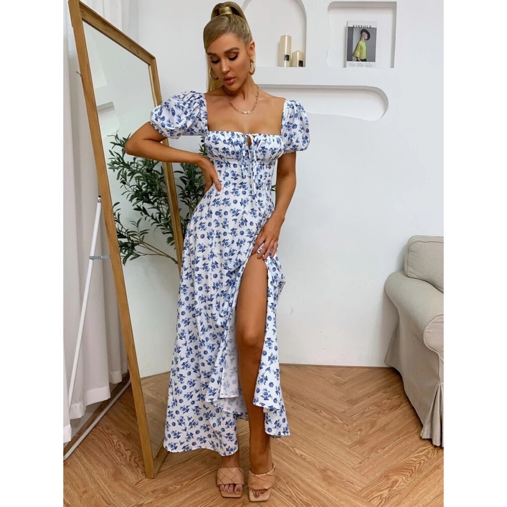 Marianna Puff Sleeve Tie Front Off Shoulder Slit Thigh Dress